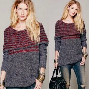 Free People‎ Mohair Wool Linen Knit Engineer Sweater Grey Cowl Neck Fair Isle XS